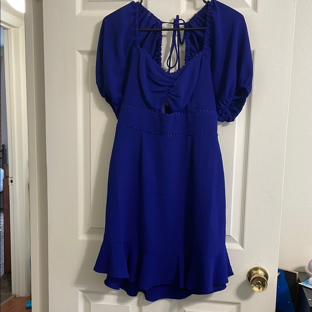 Blue Tie Front Cowl Neck Ruffled Sundress
